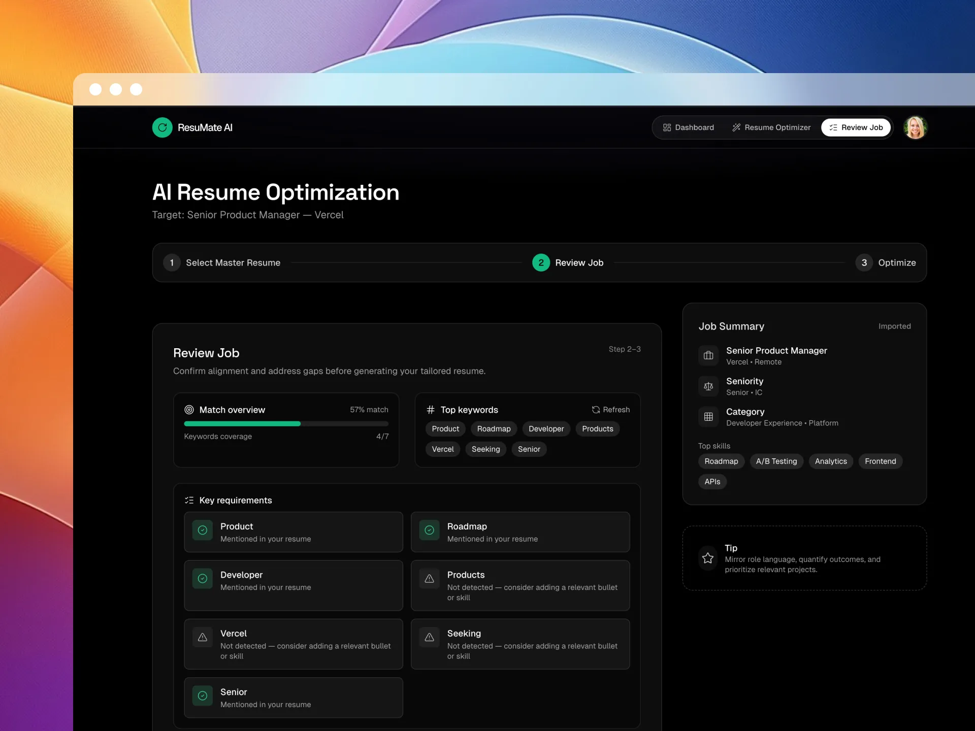Job-specific resume analysis showing keyword optimization and ATS compatibility scoring