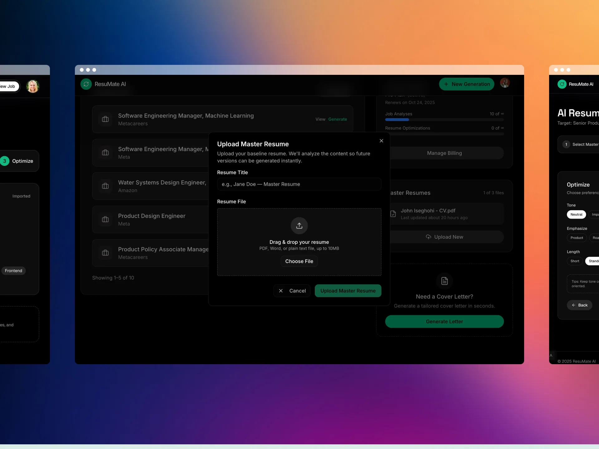 Real-time resume scoring dashboard showing job match percentage and optimization suggestions